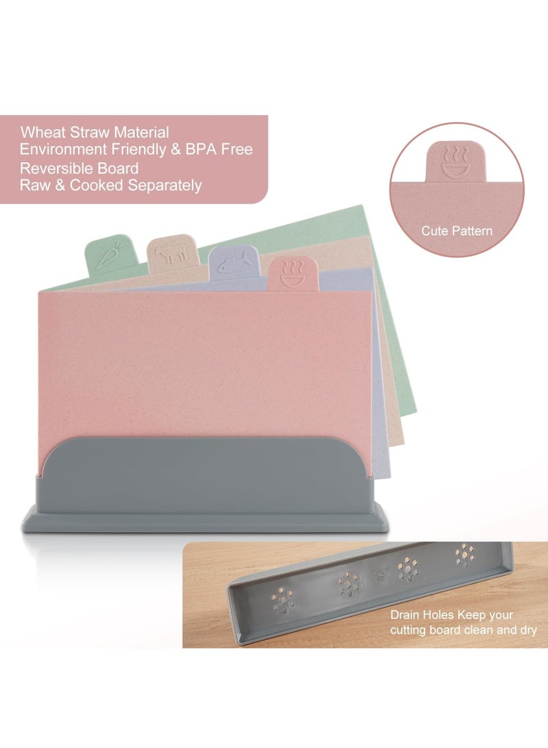 SYOSI 4 Pcs Cutting Board Set with Stand, Color Coded Reversible Chopping Boards, Plastic Cutting Boards Compact,for Safer Food Prep, Prevent Cross-contamination, Eco-friendly Wheat Straw Fiber - Image 2