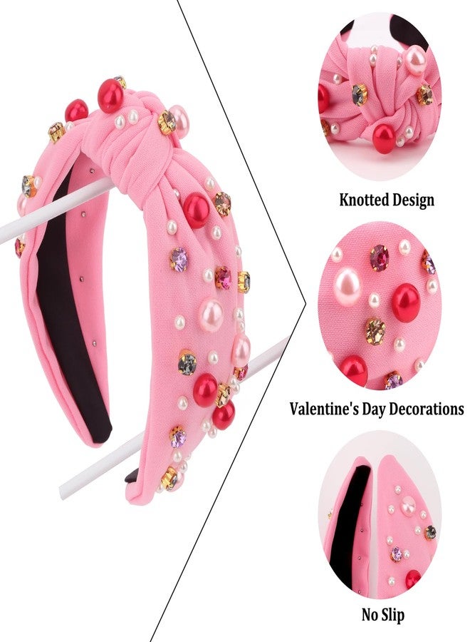 CURASA Valentine's Day Headband For Women Girls Hot Pink Pearl Rhinestone Hairband Love Heart Knotted Headbands Crystal Jeweled Wide Top Knot Headpiece Valentines Hair Accessories Party Holiday Gifts - Image 4