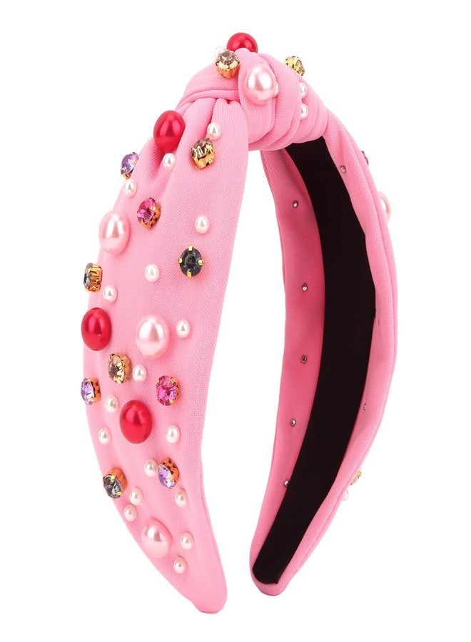 CURASA Valentine's Day Headband For Women Girls Hot Pink Pearl Rhinestone Hairband Love Heart Knotted Headbands Crystal Jeweled Wide Top Knot Headpiece Valentines Hair Accessories Party Holiday Gifts - Image 1