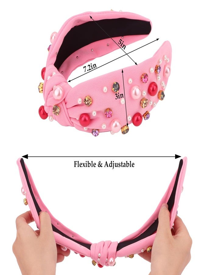 CURASA Valentine's Day Headband For Women Girls Hot Pink Pearl Rhinestone Hairband Love Heart Knotted Headbands Crystal Jeweled Wide Top Knot Headpiece Valentines Hair Accessories Party Holiday Gifts - Image 2