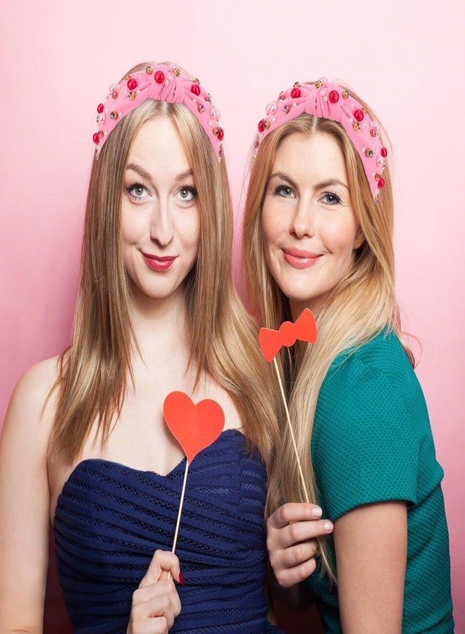 CURASA Valentine's Day Headband For Women Girls Hot Pink Pearl Rhinestone Hairband Love Heart Knotted Headbands Crystal Jeweled Wide Top Knot Headpiece Valentines Hair Accessories Party Holiday Gifts - Image 5