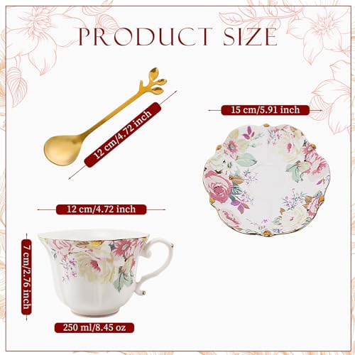 TATSUMI Country Roses Bone China Tea Cup and Saucer Set, 6 Pieces, Vintage Style, For Women and Tea Parties(Pink,2 Set) - Image 2