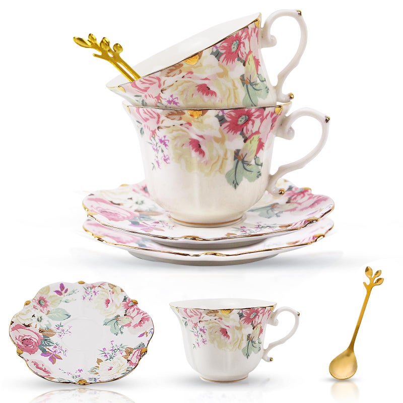 TATSUMI Country Roses Bone China Tea Cup and Saucer Set, 6 Pieces, Vintage Style, For Women and Tea Parties(Pink,2 Set) - Image 5