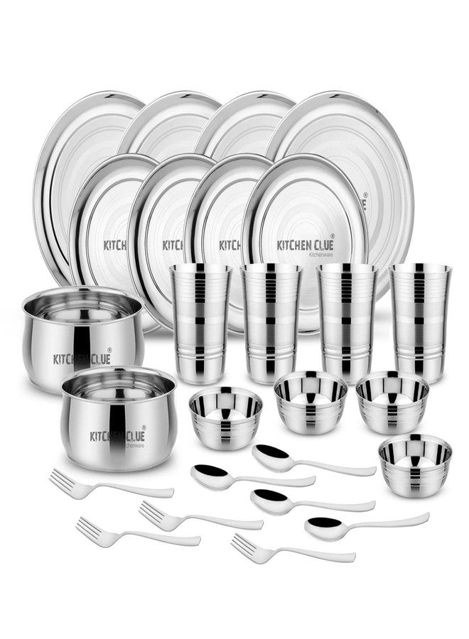 KITCHEN CLUE Stainless Steel Premium Dinner Set of 26 Pcs, Silver Touch Design - Unbreakable & Smooth Edges - Heavy Guage Kitchen Set for Home - Big Size Dinner Plates, Exclusive Serving Bowl Set - Image 1