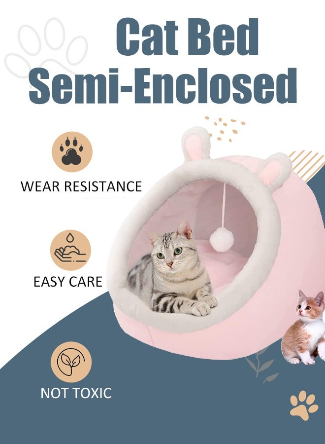 Semi-Enclosed Cat Bed, Soft Comfortable Cat Cave House with Hanging Fluffy Ball and Removable Cat Mattress, Indoor Warm Pet Nest, Pet Bed for Cats and Small Dogs - Image 1
