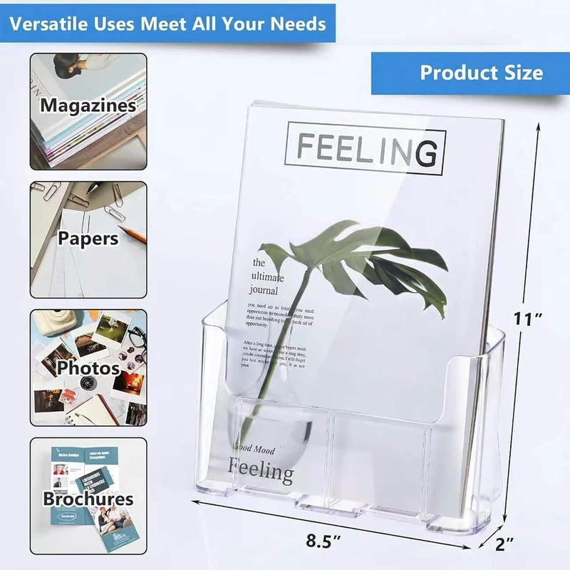 Argvey Acrylic Brochure Holder 8.5 x 11 inches, 4 Pack Clear Brochure Display Stand with Removable Divider for Trifold 4 Inches Wide Pamphlet, Plastic Flyer Holder for Magazine, Literature, Booklet - Image 3