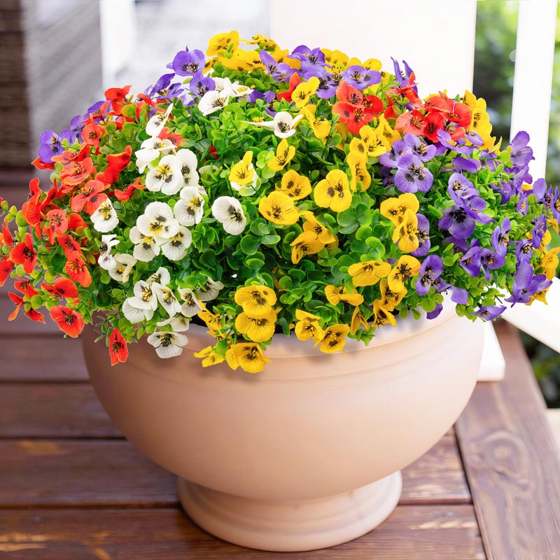 ColoPlay 16 Bundles Artificial Fake Pansy Flowers for Outdoor - Yellow, Whiteï¼ŒSunset red & Purple Faux Pansies Flowers, Fake Flowers for Outdoor Planters, Porch, Garden, Window Boxes, and Home Decoration - Image 1