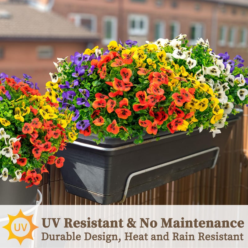 ColoPlay 16 Bundles Artificial Fake Pansy Flowers for Outdoor - Yellow, Whiteï¼ŒSunset red & Purple Faux Pansies Flowers, Fake Flowers for Outdoor Planters, Porch, Garden, Window Boxes, and Home Decoration - Image 4