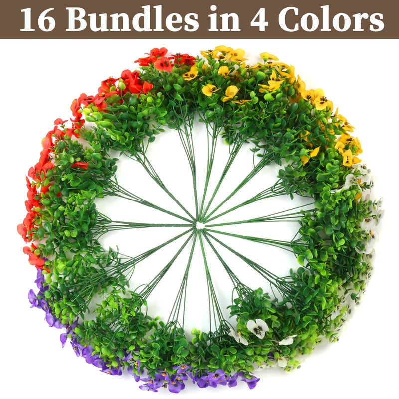 ColoPlay 16 Bundles Artificial Fake Pansy Flowers for Outdoor - Yellow, Whiteï¼ŒSunset red & Purple Faux Pansies Flowers, Fake Flowers for Outdoor Planters, Porch, Garden, Window Boxes, and Home Decoration - Image 3