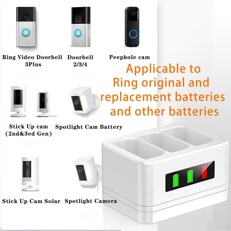 محطة شحن بطارية رينج بثلاث فتحات / شاحن بطارية، بشاشة عرض LED، مدخل Type-C، متوافق مع جرس الباب رينج 2/3/4/3 بلس وكاميرا سبوت لايت وكاميرا ثقب الباب وكاميرات البطارية - Image 2