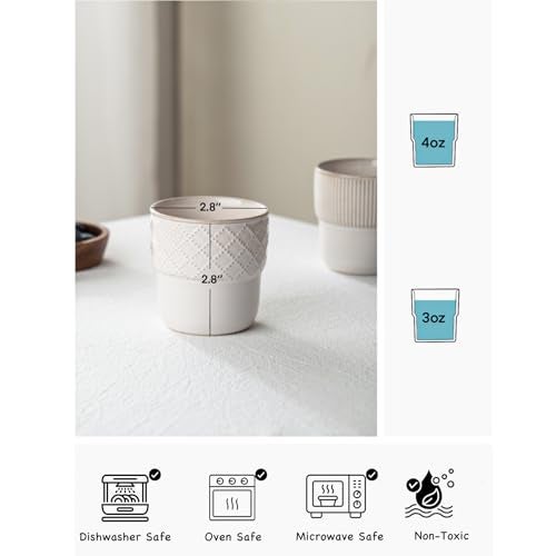 MIKIGEY Espresso Cups Set of 2, 4oz Espresso Shot Cups, Mini Coffee Mugs Farmhouse Decor, Demitasse Cup Perfect for Coffee Maker, Microwave and Dishwasher Safe, (Embossed Stripes+Checks - Image 5
