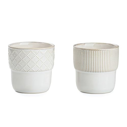 MIKIGEY Espresso Cups Set of 2, 4oz Espresso Shot Cups, Mini Coffee Mugs Farmhouse Decor, Demitasse Cup Perfect for Coffee Maker, Microwave and Dishwasher Safe, (Embossed Stripes+Checks - Image 1
