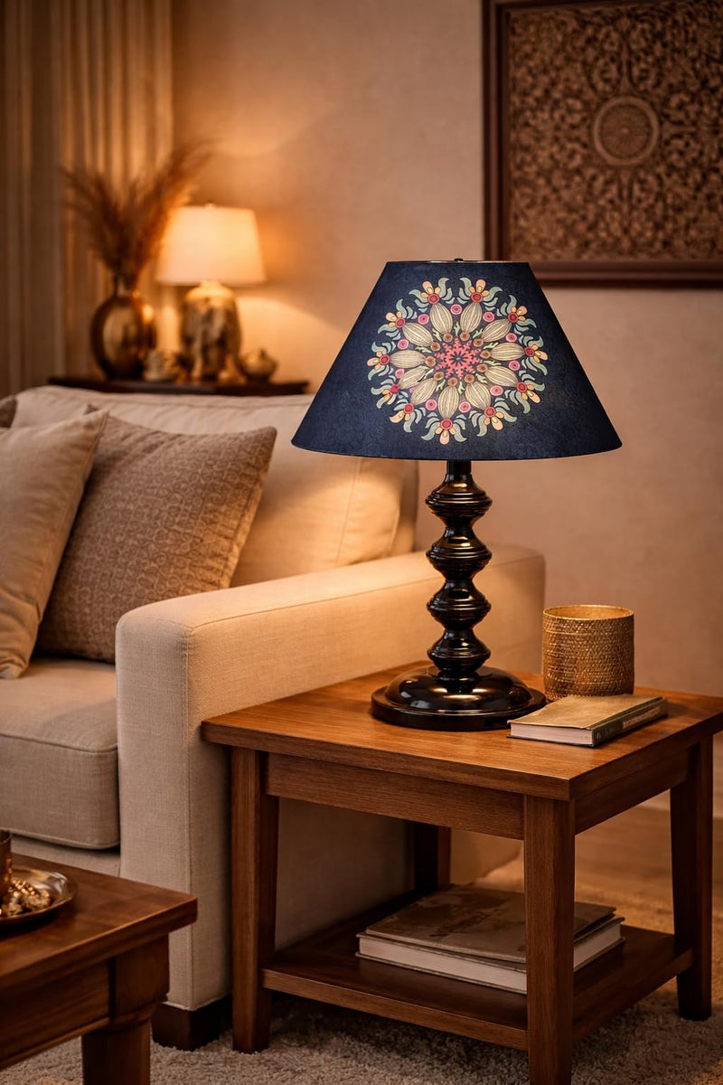tu casa Halo Glow Table Lamp | Black Metal Bedside Lamp | French Floral Print Satin Shade | Home Decor Lighting for Bedroom Living Room Lounge Office Study | 1.5m Cable (No Bulb) | Festival Gifting - Image 2