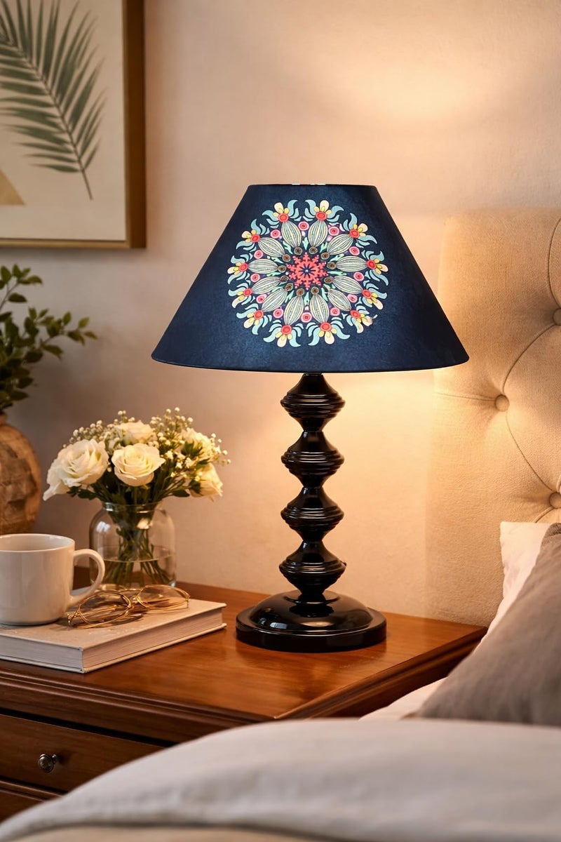 tu casa Halo Glow Table Lamp | Black Metal Bedside Lamp | French Floral Print Satin Shade | Home Decor Lighting for Bedroom Living Room Lounge Office Study | 1.5m Cable (No Bulb) | Festival Gifting - Image 1
