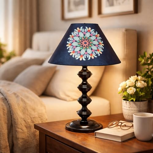 tu casa Halo Glow Table Lamp | Black Metal Bedside Lamp | French Floral Print Satin Shade | Home Decor Lighting for Bedroom Living Room Lounge Office Study | 1.5m Cable (No Bulb) | Festival Gifting - Image 3
