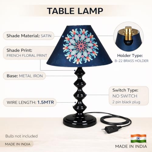 tu casa Halo Glow Table Lamp | Black Metal Bedside Lamp | French Floral Print Satin Shade | Home Decor Lighting for Bedroom Living Room Lounge Office Study | 1.5m Cable (No Bulb) | Festival Gifting - Image 5