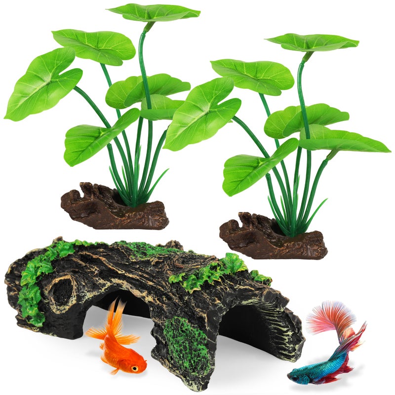 MyLifeUNIT Fish Tank Decor, Silk Aquarium Plants and Hollow Tree Trunk Decor for Betta, Goldfish, Turtle, Reptile Decoration - Image 1