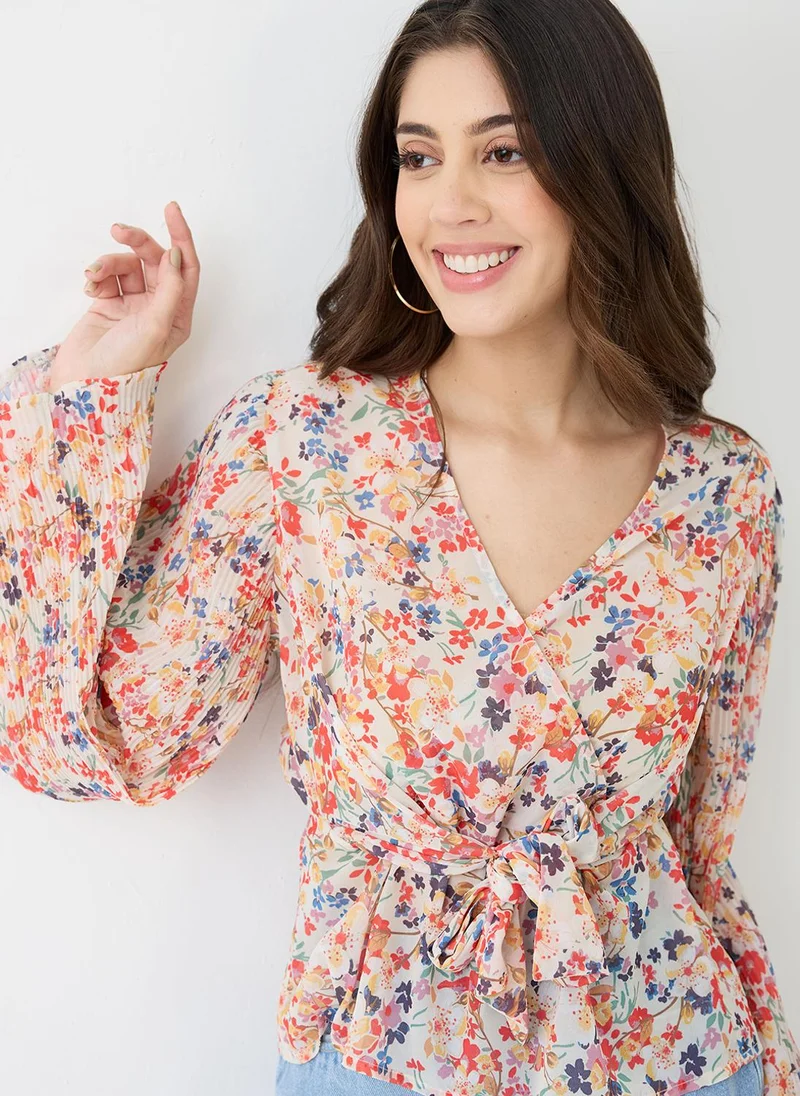 globus Globus Women Multicolour Georgette Floral Print V-Neck Wrap Waist Tie-up Flared Sleeves Peplum Top