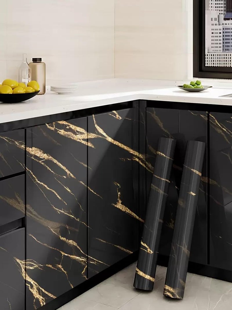 Barebeauty 60CM X 200CM Kitchen Wallpaper Oil Proof,Waterproof self-Adhesive Wall Stickers for Kitchen Anti-Mold and Heat Resistant Aluminium Backsplash Wallpaper (Black) (Black Gold) - Image 1