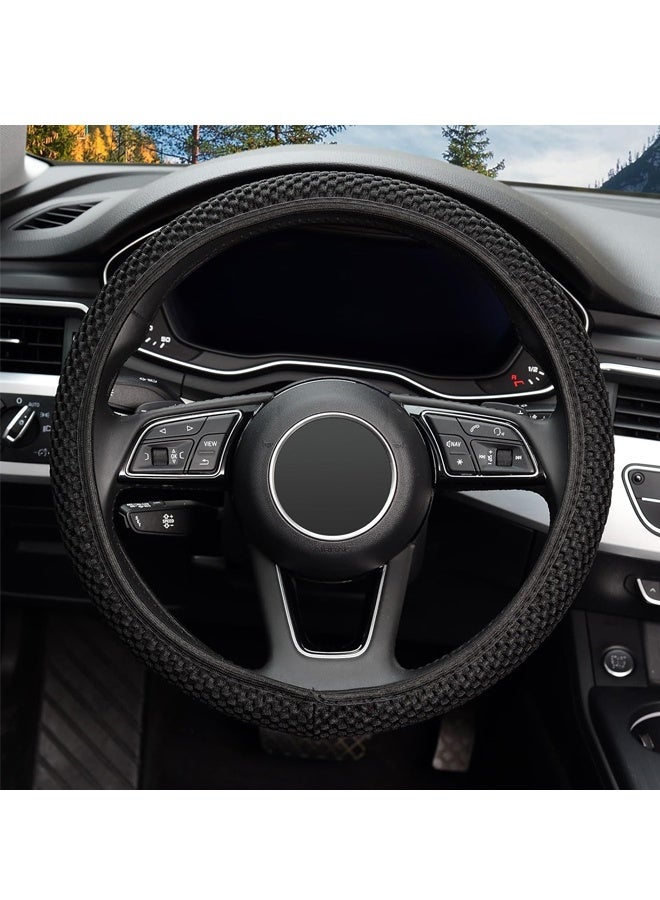 Elastic Stretch Steering Wheel Cover,Warm in Winter and Cool in Summer, Universal 38cm, Microfiber Breathable Ice Silk, Black - Image 2