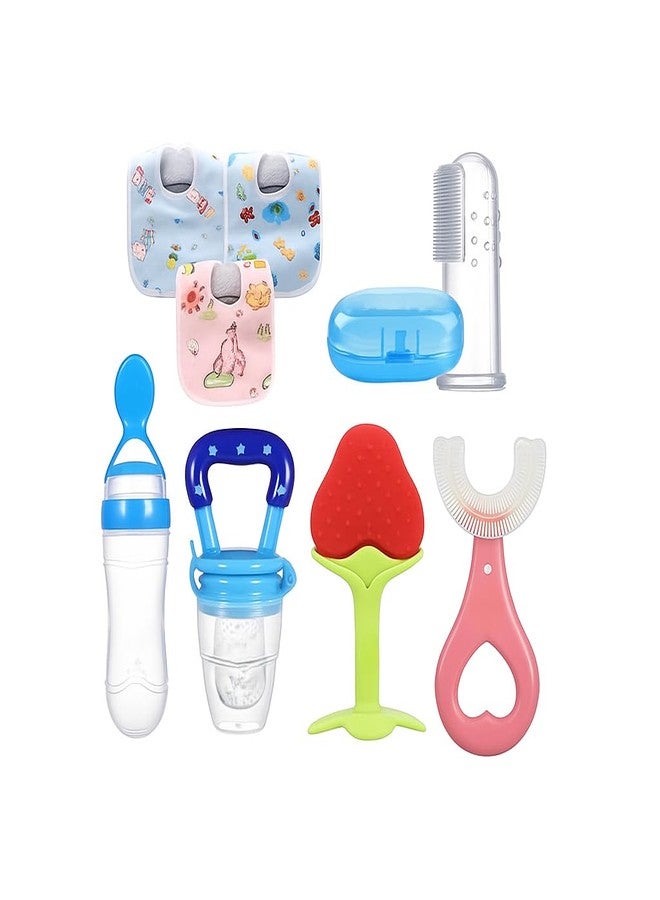 KALRA MAGIC® Baby Complete Feeding, Teething & Hygiene Combo Set – Spoon Feeder Bottle, Fruit Feeder, Teether, Finger Brush, U-Shape Brush, Bibs & More | Safe Care Kit for Newborns, Infants & Toddlers (Multiple Variants) (BABY-FEED-BIB-SET-4IN1-011) - Image 1