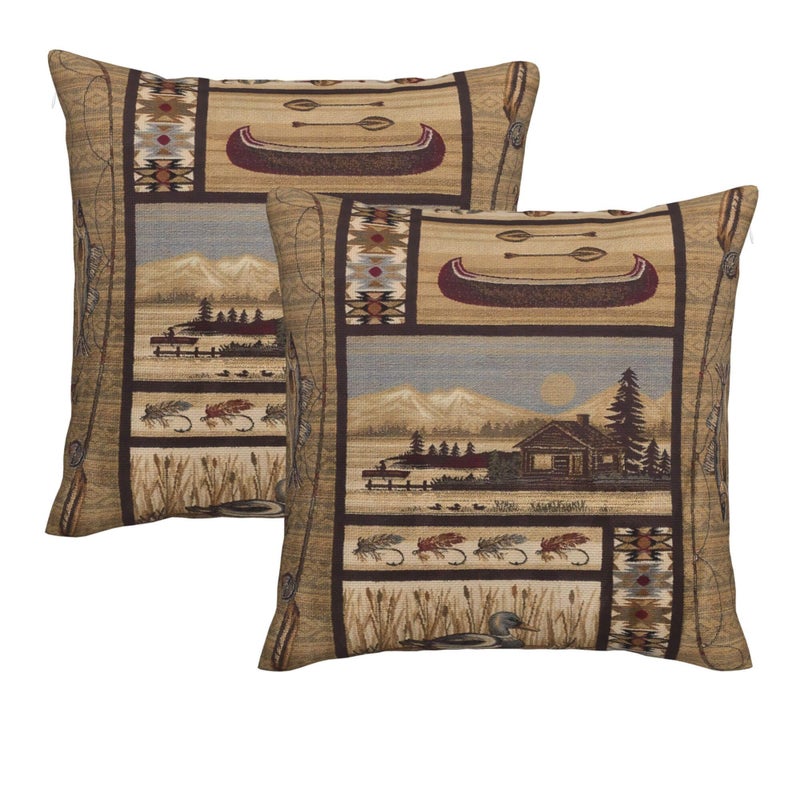 DATANSEN Set of 2 Square 18x18 inch Retro Black Throw Pillow Covers Rustic Lodge Decorative Throw Pillowcase for Home Sofa Thick Cotton Linen Cushion Cases (45x45 cm) Fly Fishing Canoe Log Cabin - Image 1