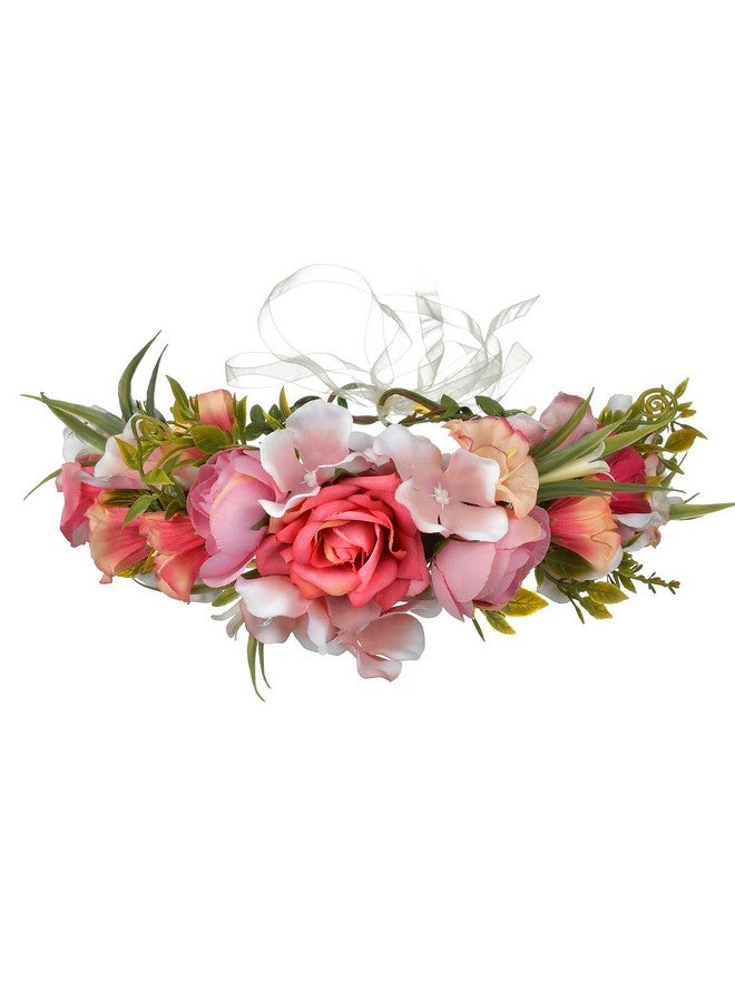 LLinfflr Women Floral Crown Boho Flower Headband Hair Wreath Floral Halo Headpiece With Ribbon Wedding Party Photos Rosy - Image 1