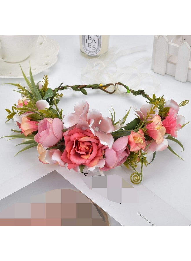LLinfflr Women Floral Crown Boho Flower Headband Hair Wreath Floral Halo Headpiece With Ribbon Wedding Party Photos Rosy - Image 2