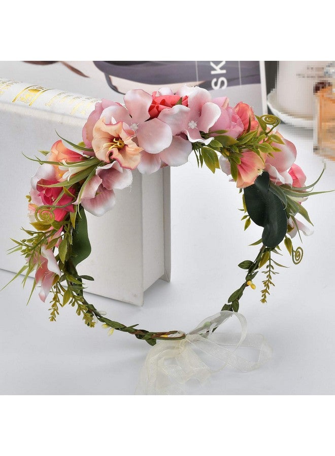 LLinfflr Women Floral Crown Boho Flower Headband Hair Wreath Floral Halo Headpiece With Ribbon Wedding Party Photos Rosy - Image 3
