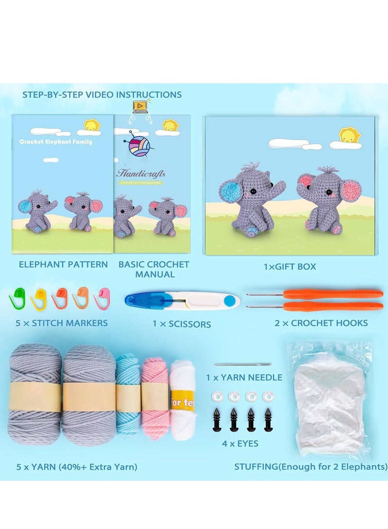 SYOSI Crochet Kit for Beginners, Beginner Starter with Step-by-Step Video Tutorials, Learn to Kits Adults Kids, DIY Knitting Supplies, 2 Pack Elephant Family (40%+ Yarn)  - Image 3