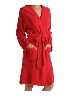 A Soft Cotton Bathrobe with a Pocket and a Waist Belt, Distinguished by an Elegant Design in Multiple Sizes, Red