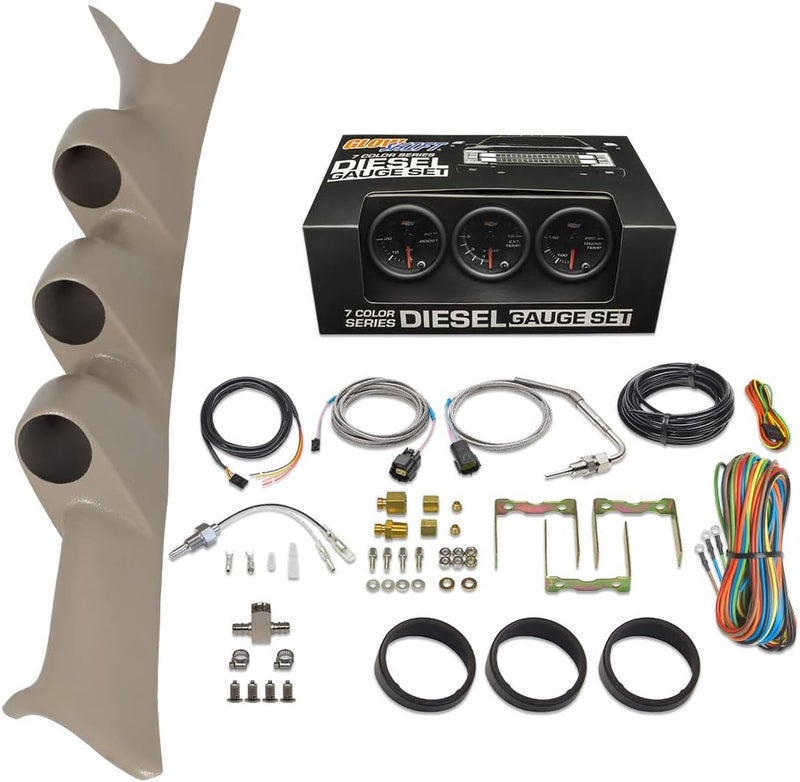 GlowShift 99-07 Ford Superduty Tan Gauge Package with Black Face Boost, EGT & Transmission Temperature - Image 1