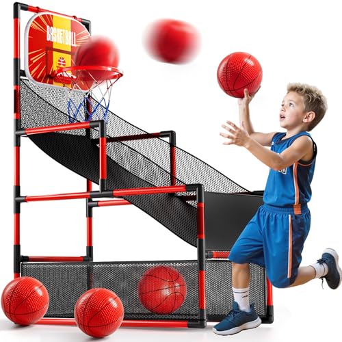 KIZONLY Arcade Basketball Game Indoor Kids Ajustable Basketball Hoop Outdoor Carnival Sports Play Toy with 4 Balls and Air Pump Educational Birthday Gift for Boys Girls 3 4 5 6 7 8 Year Old Red - Image 1