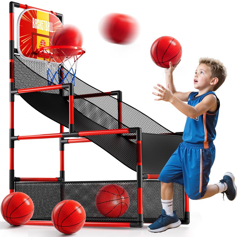 KIZONLY Arcade Basketball Game Indoor Kids Ajustable Basketball Hoop Outdoor Carnival Sports Play Toy with 4 Balls and Air Pump Educational Birthday Gift for Boys Girls 3 4 5 6 7 8 Year Old Red - Image 3