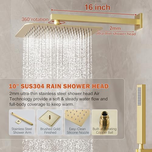HoliSpa Gold Shower System, Shower Faucet Set with 10-Inch Rain Showerhead and Handheld Spray, Wall Mounted High-Pressure Showerhead Combo Set Included Valve and Trim, Brushed Gold - Image 3