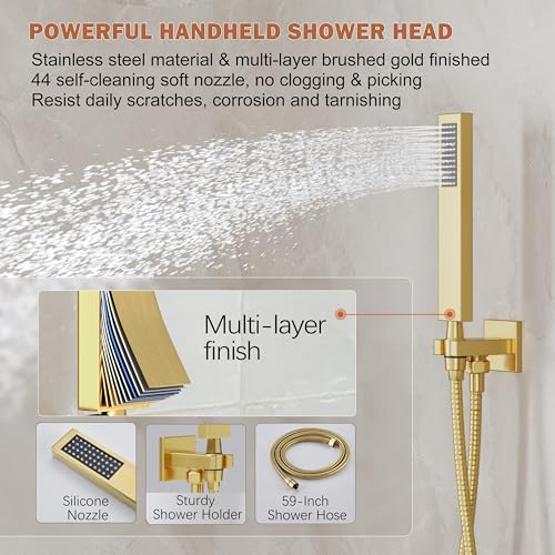 HoliSpa Gold Shower System, Shower Faucet Set with 10-Inch Rain Showerhead and Handheld Spray, Wall Mounted High-Pressure Showerhead Combo Set Included Valve and Trim, Brushed Gold - Image 4