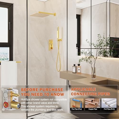 HoliSpa Gold Shower System, Shower Faucet Set with 10-Inch Rain Showerhead and Handheld Spray, Wall Mounted High-Pressure Showerhead Combo Set Included Valve and Trim, Brushed Gold - Image 2