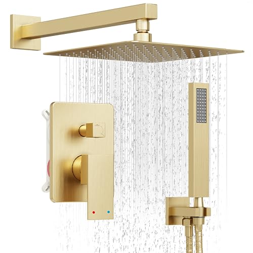 HoliSpa Gold Shower System, Shower Faucet Set with 10-Inch Rain Showerhead and Handheld Spray, Wall Mounted High-Pressure Showerhead Combo Set Included Valve and Trim, Brushed Gold - Image 1