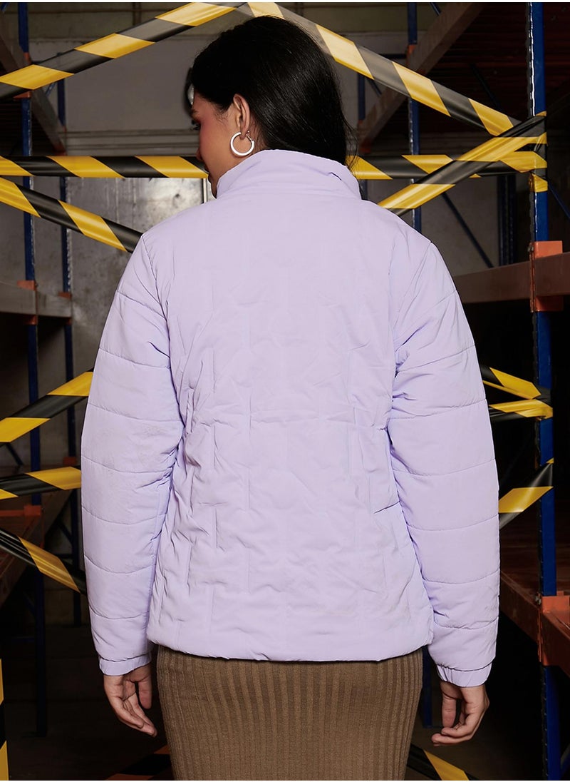 Campus Sutra Women's Light Purple Bar Quilted Puffer Jacket  - Image 5