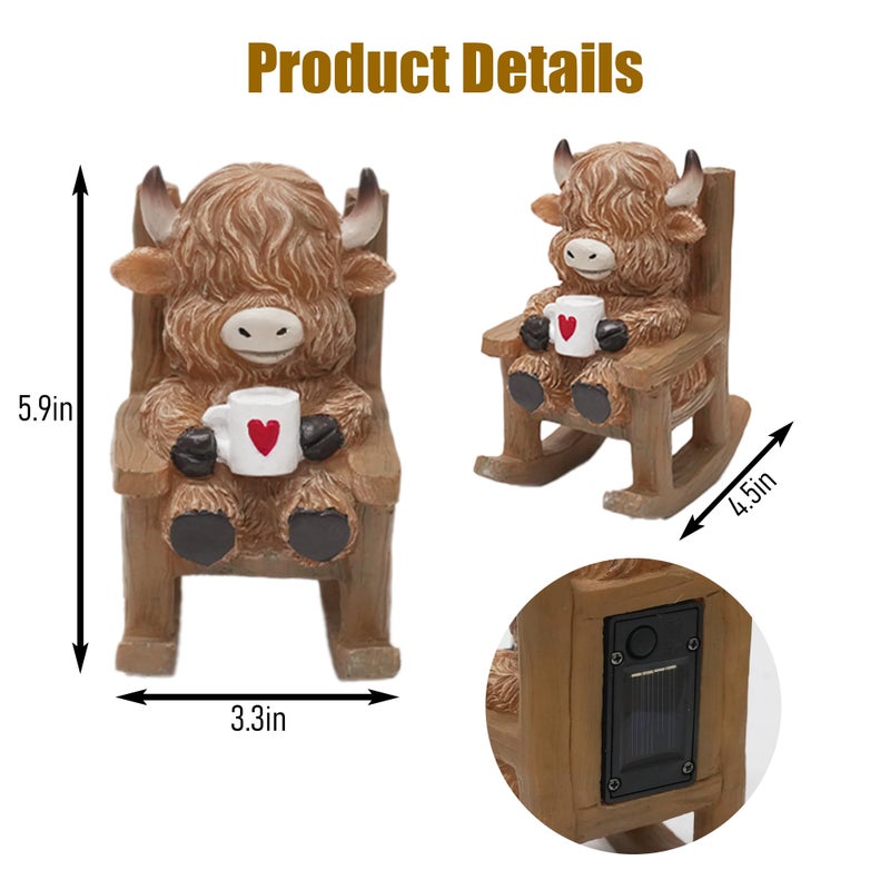 LIULO TOOL Light Up Highland Cow Figurines Garden Decor, Solar Powered Resin Scottish Highland Cow Sitting on Chair Statue, Cute Centerpiece Figurine Decoration for Garden Patio Gifts - Image 2