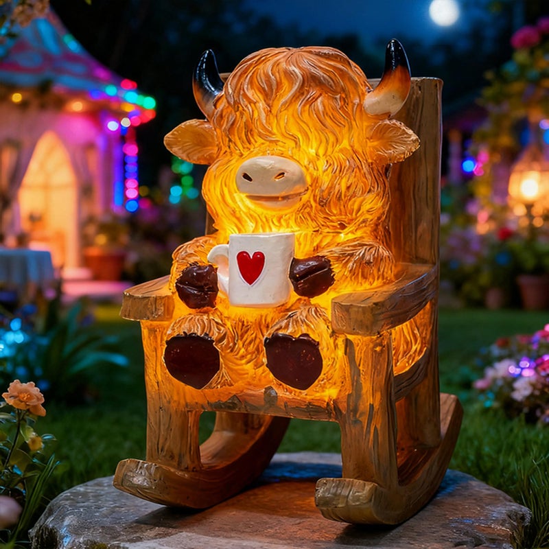 LIULO TOOL Light Up Highland Cow Figurines Garden Decor, Solar Powered Resin Scottish Highland Cow Sitting on Chair Statue, Cute Centerpiece Figurine Decoration for Garden Patio Gifts - Image 1
