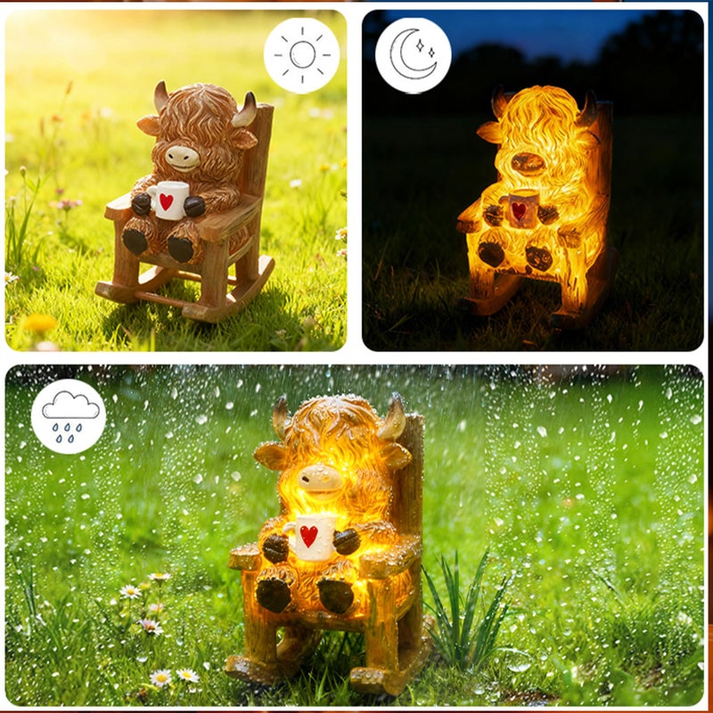 LIULO TOOL Light Up Highland Cow Figurines Garden Decor, Solar Powered Resin Scottish Highland Cow Sitting on Chair Statue, Cute Centerpiece Figurine Decoration for Garden Patio Gifts - Image 5