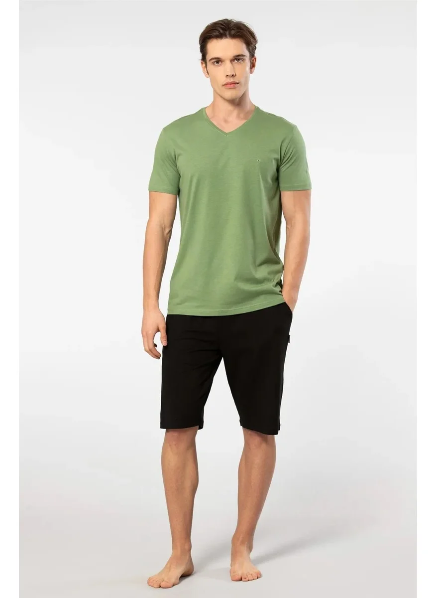 كاشاريل V-Neck T-Shirt and Pocket Bermuda Shorts Set, 50% Cotton 50% Modal
