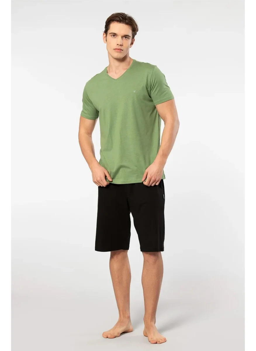 كاشاريل V-Neck T-Shirt and Pocket Bermuda Shorts Set, 50% Cotton 50% Modal