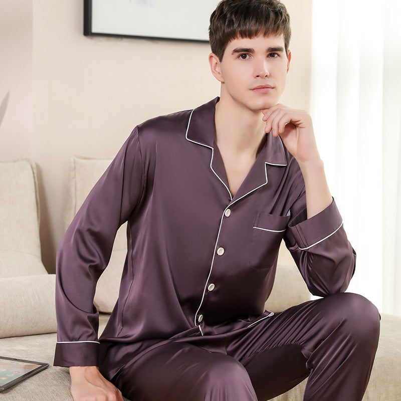 Mens Silk Pajama Set Long Sleeve Thin Ice-Silk Purple Red 