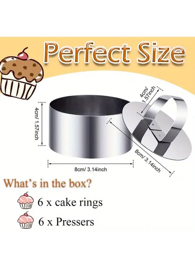 Stainless Steel 3.15 Inch Round Cake Ring Mold Set 6 Rings and 6 Pushers - Image 3