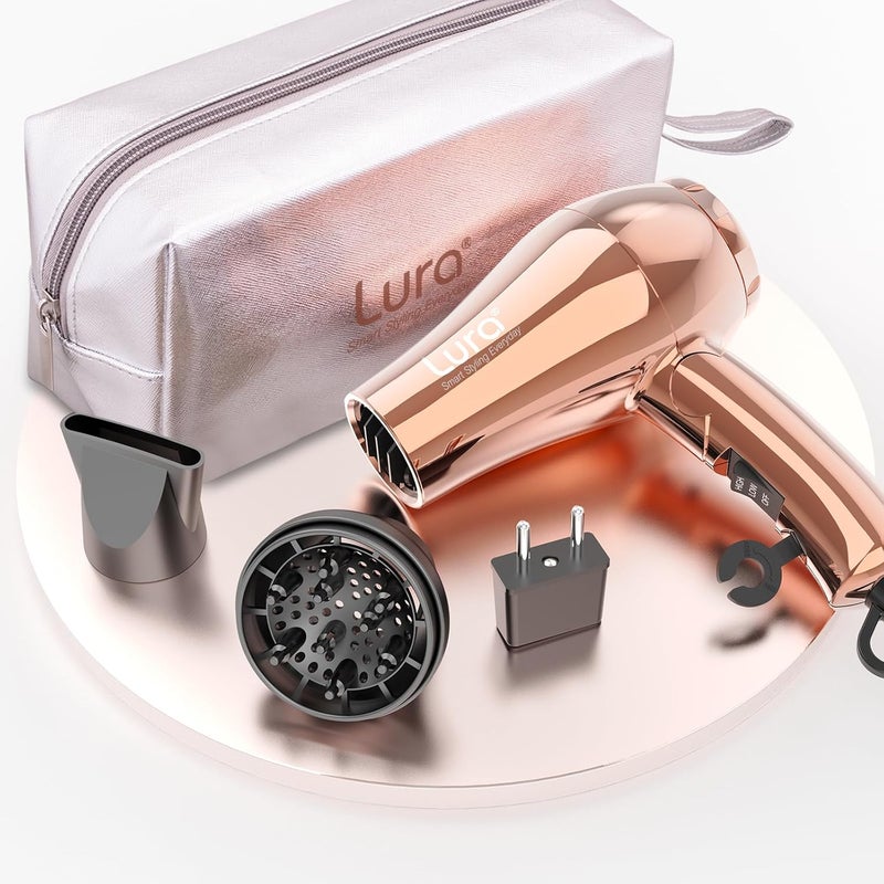 LURA Mini Portable Travel Hair Dryer:Dual Voltage Small Lightweight Blow Dryer with EU Plug,1200W Compact Hairdryer with Folding Handle,with Concentrator&Diffuser Attachment,for Women and Men - Image 1
