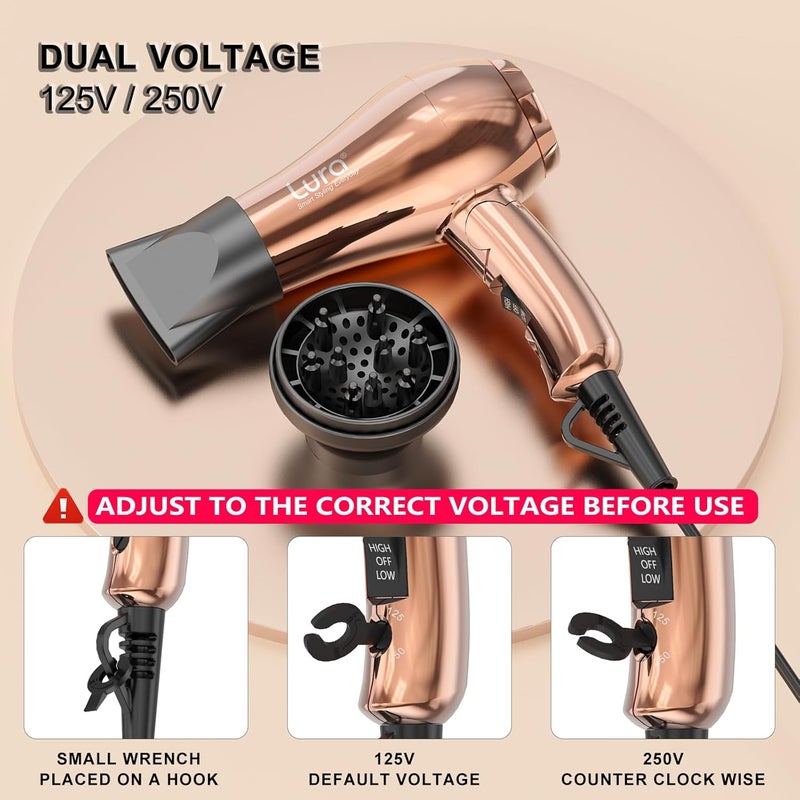 LURA Mini Portable Travel Hair Dryer:Dual Voltage Small Lightweight Blow Dryer with EU Plug,1200W Compact Hairdryer with Folding Handle,with Concentrator&Diffuser Attachment,for Women and Men - Image 3