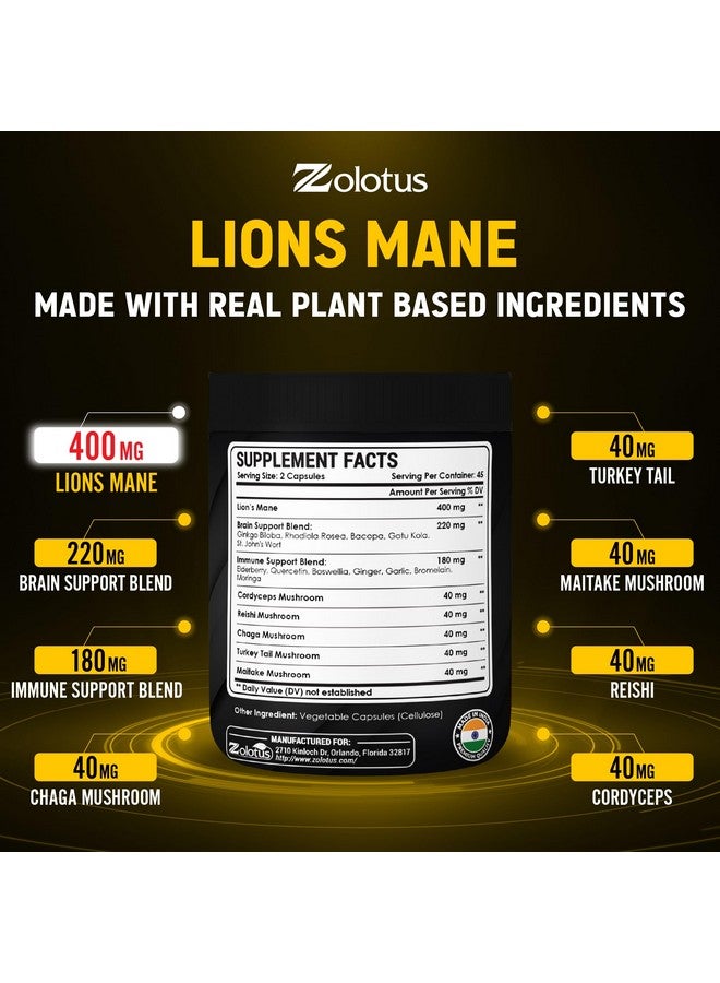 Zolotus Zolotus Lions Mane Mushroom Complex Capsules with Cordeyceps, Elderberry, Ginkgo Biloba, Bacopa - 90 Capsules  - Image 2