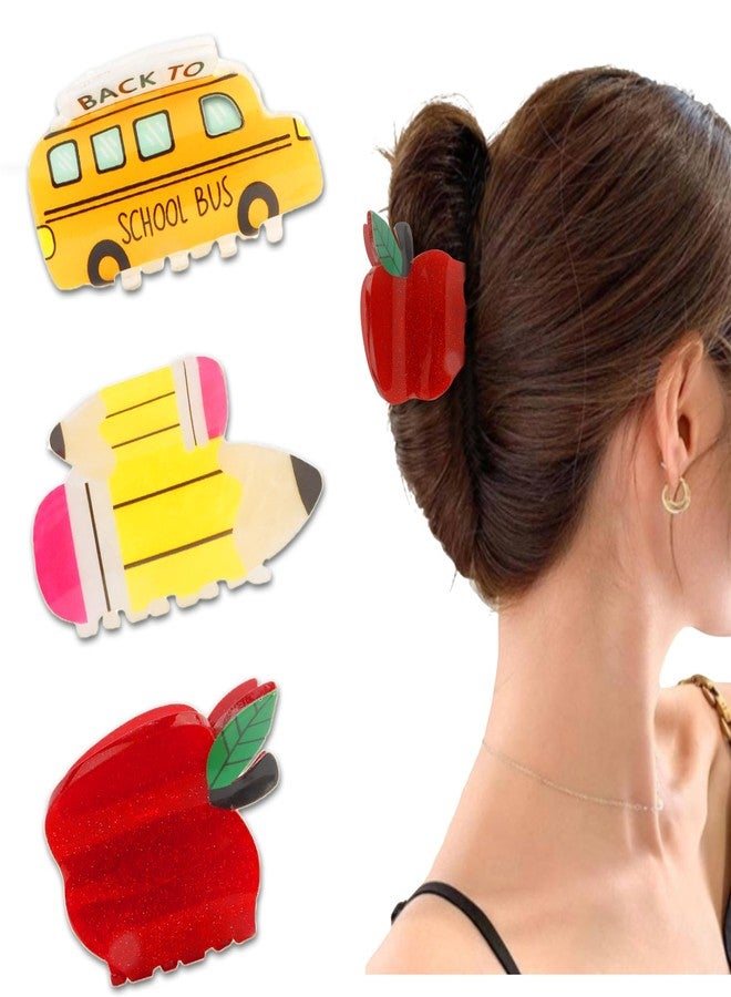 KICOSY 3PCS Back to School Hair Claw Pencil Apple and School Bus Shape Hair Clips Funny Teacher Claw Clips Cute Teacher Gifts - Image 1